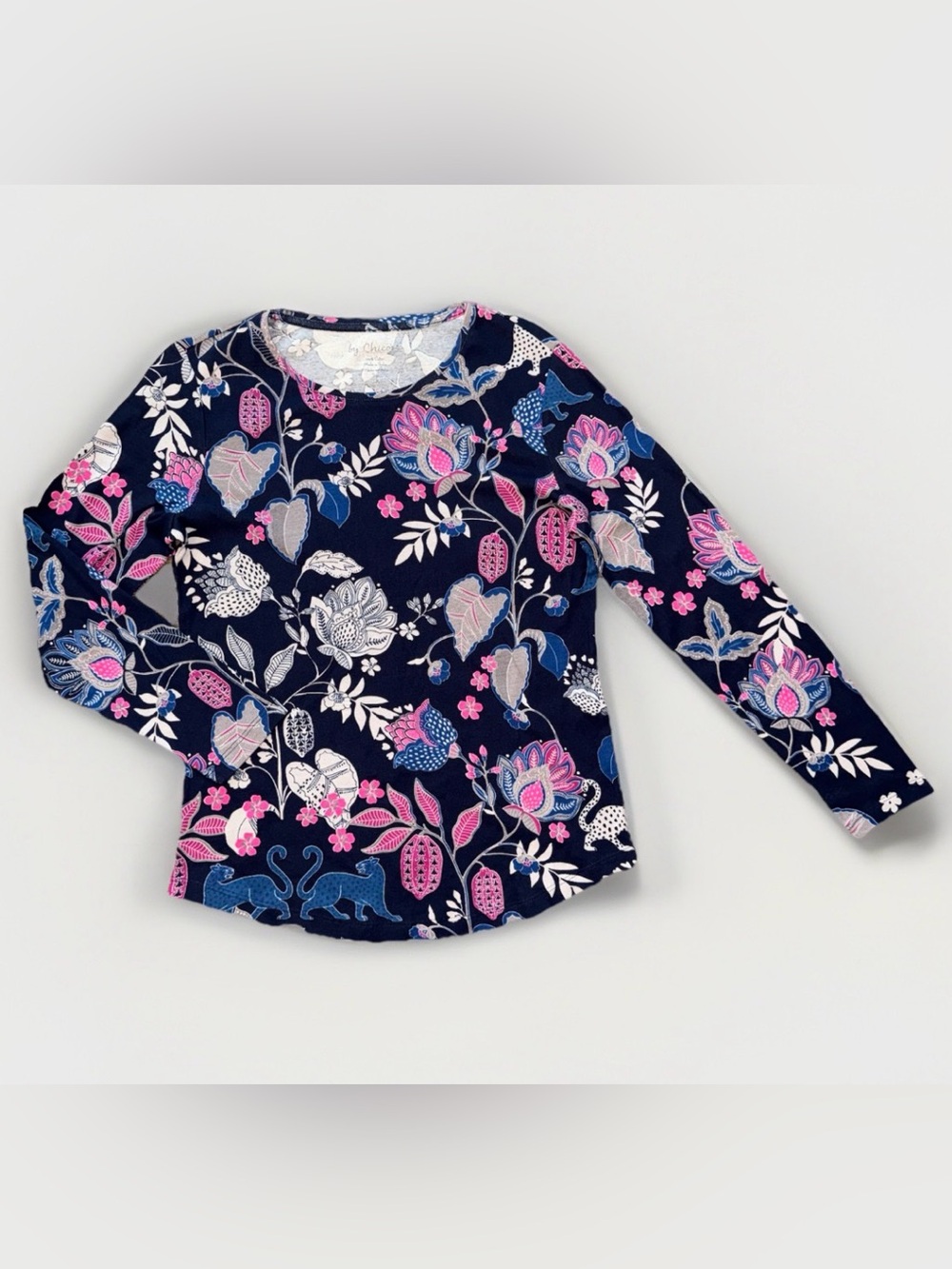 Chico’s Longsleeve Knit Floral Top Botanical Tropical Navy Size M 100% Cotton
